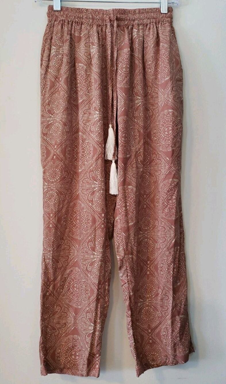 Natalie Martin Print Bohemian Tan Rayon Straight Leg Pants Sz Small Tassels (V6